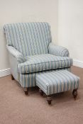 Howard style armchair upholstered in blue Regency stripe fabric, turned walnut finish feet,