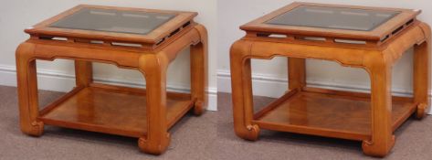 Pair Chinese style pollard oak glass top lamp table with undertier, 73cm x 64cm,