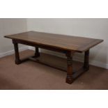 Large oak refectory dining table with planked top on turned supports with stretchers, W228cm D99cm,