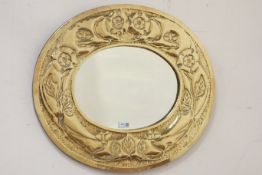 Oval wall mirror in Arts & Crafts embossed brass frame, W69cm,