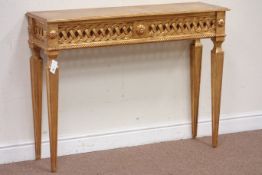 Giltwood console table with pierced frieze on square tapering legs, W115cm, H86cm,
