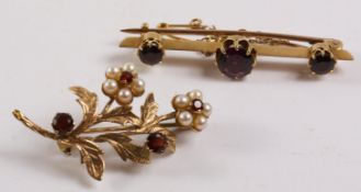 Garnet and seed pearl floral spray brooch by Zeeta stamped 9ct and a garnet set bar brooch