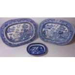 Ashworth Brothers blue and white dish and two blue and white meat plates
