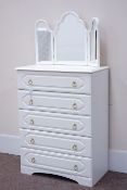 White finish five drawer chest with triple dressing table mirror, W81cm, H107cm, D44cm,