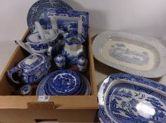 19th Century blue and white meat plate decorated with continental scene,