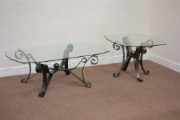 Coffee table with shaped glass top on wrought metal scrolled base, W122,