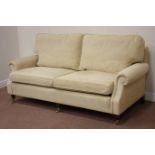 Two seat traditional style sofa upholstered in natural cover on turned supports, W195, D85cm,