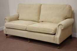 Two seat traditional style sofa upholstered in natural cover on turned supports, W195, D85cm,