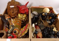 Wooden carved masks, ceramic dog and bull,