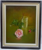 Still Life Roses and Water, oil on canvas indistinctly signed 49cm x 39cm