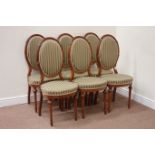 Set six French walnut cameo back dining chairs, upholstered in striped fabric,