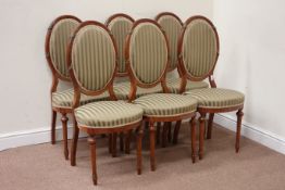 Set six French walnut cameo back dining chairs, upholstered in striped fabric,