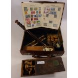 Carved wood chess set, vintage police truncheon, bone and ebony dominoes,