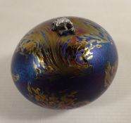 Glasform iridescent paperweight with a silver frog,