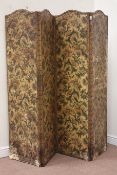 19th century three fold screen, arched panels painted with chrysanthemums, H176cm,