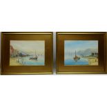 Fishing Boats off Shore, pair early 20th century guaches signed J Chester 26.5cm x 36.