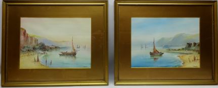 Fishing Boats off Shore, pair early 20th century guaches signed J Chester 26.5cm x 36.