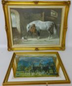 Mare and Foal, colour reprint after E Volkers, Ploughing Scene, foil picture and Hunting Scenes,