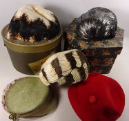 Collection of vintage hats, Marshall & Snelgrove feather hat, two other feather hats, red beret,