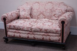 Early 20th century two seat sofa with gadrooned & strapwork carved mahogany frame on ball and claw