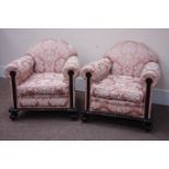 Pair of early 20th century arm chairs with gadrooned & strapwork carved mahogany frame on ball and