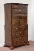 Late 18th century walnut chest on chest of two short and six long graduating drawers,