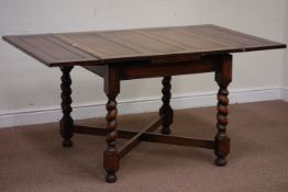 Oak draw leaf dining table, barley twist supports with cross stretcher, W150cm, D92cm,