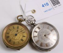 Continental pocket watch stamped fine silver and a small brass pocket watch both key wound