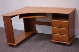 Pine corner computer desk with three pedestal drawers W134cm, H76cm,
