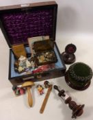 Victorian walnut sewing box containing 19th/ early 20th Century pin cushion clamp, watch stand,