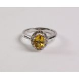 Oval yellow sapphire and diamond cluster white gold ring hallmarked 18ct Condition