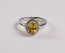 Oval yellow sapphire and diamond cluster white gold ring hallmarked 18ct Condition