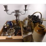 Large silver plated candelabra, brass coal bucket, companion set, two brass oil lamps,