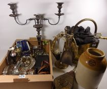 Large silver plated candelabra, brass coal bucket, companion set, two brass oil lamps,