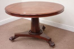 Victorian mahogany circular tilt top breakfast table with claw feet, D122cm,