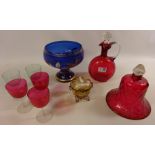 Cranberry glass decanter Mary Gregory type glass box, painted blue glass bowl,