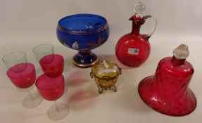 Cranberry glass decanter Mary Gregory type glass box, painted blue glass bowl,