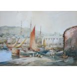 Brixham Harbour, watercolour signed M Hulbert 25cm x 35.