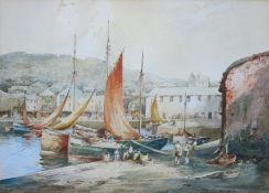 Brixham Harbour, watercolour signed M Hulbert 25cm x 35.