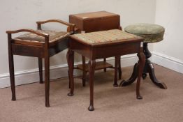 Victorian swivel music stool, 20th oak sewing box,
