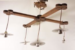 Oak gothic centre light fitting with wrought metal chain,