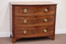 Early 19th century figured mahogany bow front three drawer chest, on bracket feet,W107, D54cm,