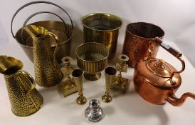 Two brass jam pans, Victorian copper kettle,