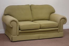 Traditional style two seat sofa in green cover, W180cm, D100, H85cm,
