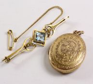Aquamarine and seed pearl bar brooch and a locket both tested to 14k approx 12.
