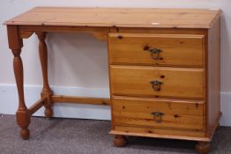 Pine pedestal desk/dressing table, three drawers, W123cm, H75cm,