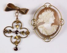 Edwardian garnet bow pendant brooch and a cameo brooch both stamped 9ct Condition Report