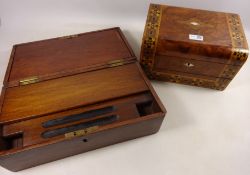 Victorian Walnut writing slope with Tunbridge ware bands and a country made writing slope (2)