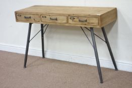 Wood and metal retro industrial type console table fitted with three drawers, W120cm, H76cm,