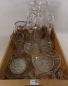 Large cut glass vase, pair of cut glass decanters,